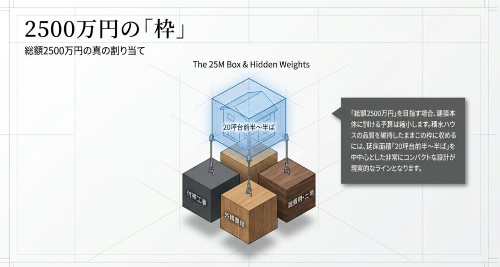 画像タイトル: 2500万円の「枠」 [cite: 65]
代替テキスト: 総額2500万円を目指す場合、建築本体に割ける予算が縮小し、延床面積20坪台が現実的なラインとなることを示す図解