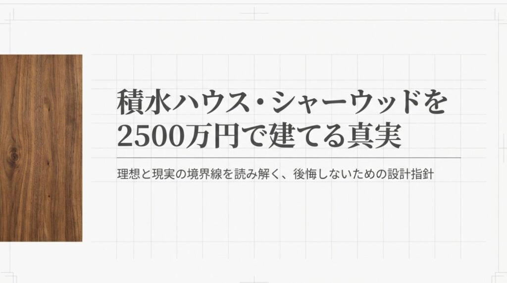 画像タイトル: 2500万円で建てる真実 [cite: 62]
代替テキスト: 積水ハウス・シャーウッドを2500万円で建てる際の後悔しないための設計指針 [cite: 62, 63]