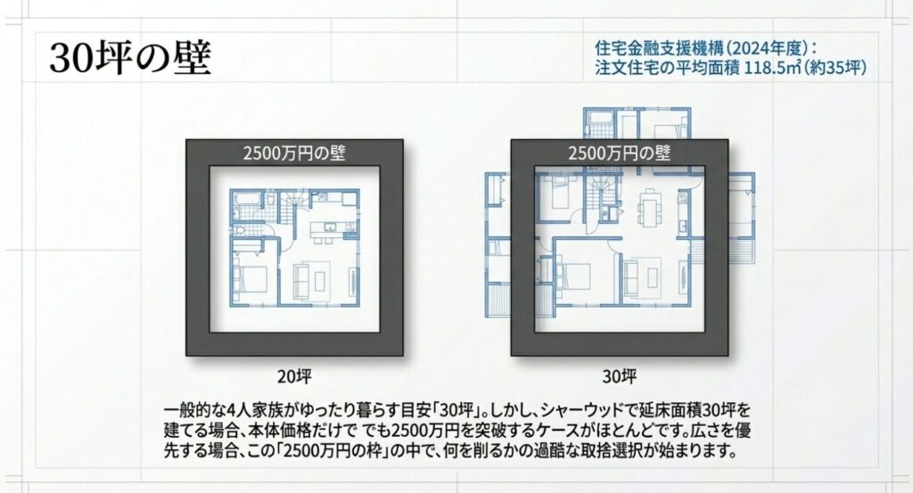 画像タイトル: 30坪の壁 [cite: 74]
代替テキスト: シャーウッドで延床面積30坪を建てる場合、本体価格だけで2500万円を突破するケースがほとんどであることを示す間取り図 [cite: 74, 81]