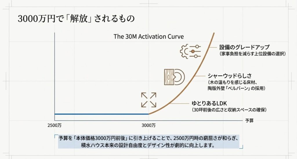 画像タイトル: 3000万円で「解放」されるもの [cite: 83]
代替テキスト: 予算を本体価格3000万円前後に引き上げることで、設備のグレードアップやゆとりあるLDKなどが実現可能になることを示すグラフ [cite: 83, 94]