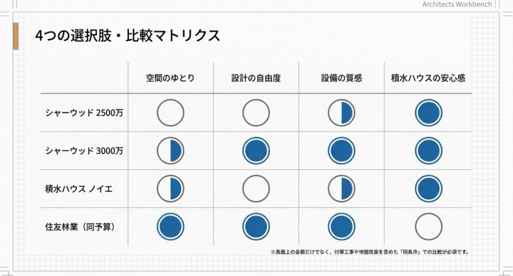 画像タイトル: 4つの選択肢・比較マトリクス [cite: 125]
代替テキスト: シャーウッドの2500万と3000万、ノイエ、住友林業の4つの選択肢を、空間のゆとりや設計の自由度などで比較するマトリクス表