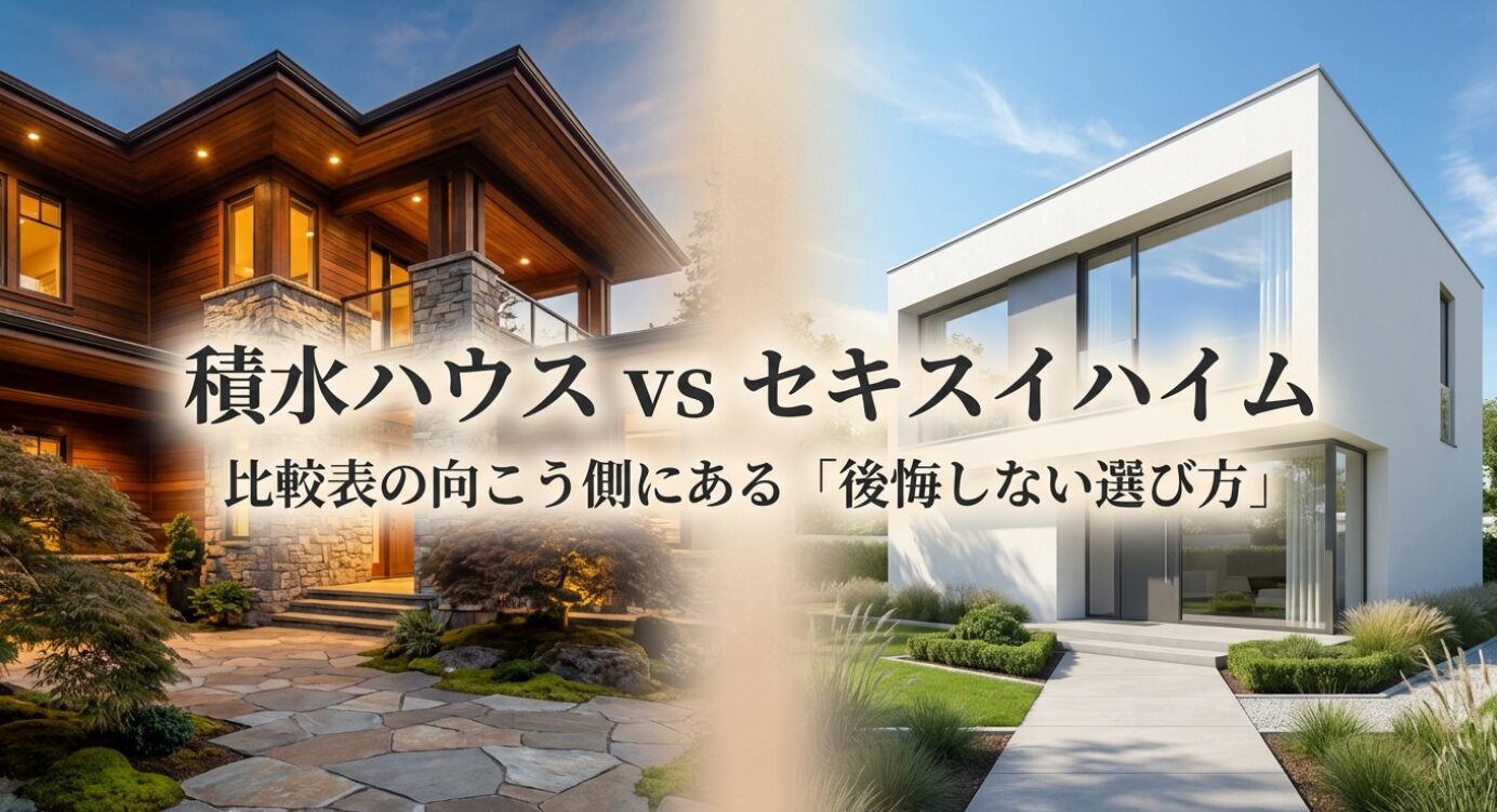 「積水ハウス」と「セキスイハイム」の機能や価格を比較する表を背景に、「なぜ、比較すればするほど迷うのか?」、「スペック比較から、相性比較へ。」というメッセージが書かれたスライド画像 。両社の比較において、情報不足ではなく、自分の優先順位に変換できていないことが迷いの原因であることを示している 。