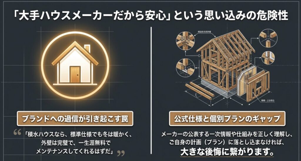 画像タイトル: ブランドへの思い込みの危険性
代替テキスト: 大手ハウスメーカーなら標準仕様で完璧だというブランドへの過信や思い込みの危険性を指摘する図解