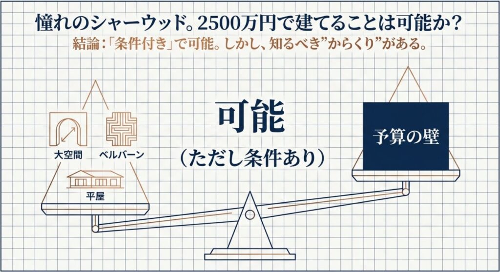 画像タイトル: 予算と希望の天秤
代替テキスト: 大空間や平屋などの希望と予算の壁を天秤にかけ、条件付きで可能であることを示した図解