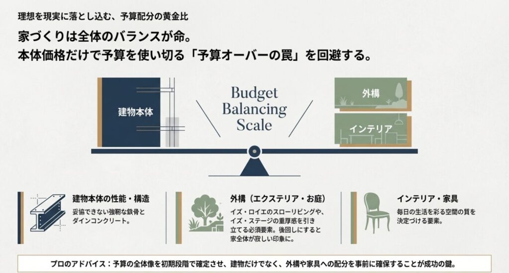 画像タイトル: 予算配分の黄金比
代替テキスト: 建物本体、外構、インテリアの予算バランスを天秤で表した図解