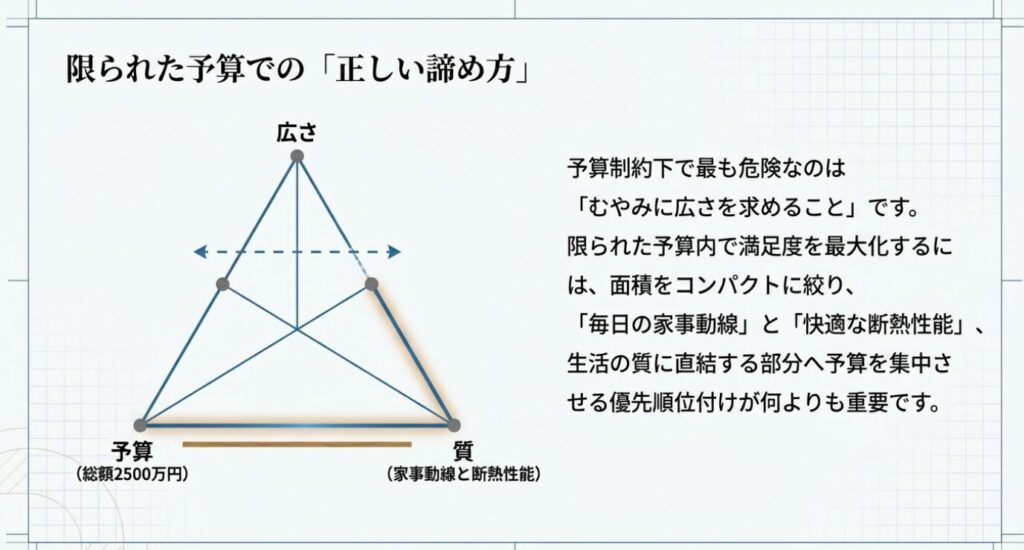 画像タイトル: 限られた予算での「正しい諦め方」 [cite: 129]
代替テキスト: 予算制約下ではむやみに広さを求めず、家事動線や断熱性能など生活の質に予算を集中させる優先順位付けが重要であることを示す三角形の図解