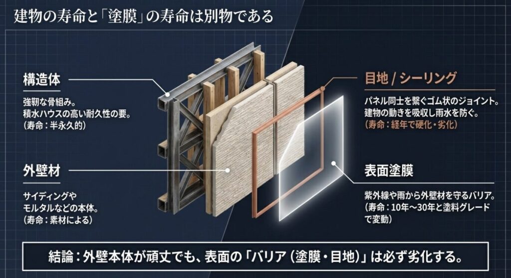 画像タイトル: 建物と塗膜の寿命の違い

代替テキスト: 構造体、目地・シーリング、外壁材、表面塗膜それぞれの寿命と役割の解説図
