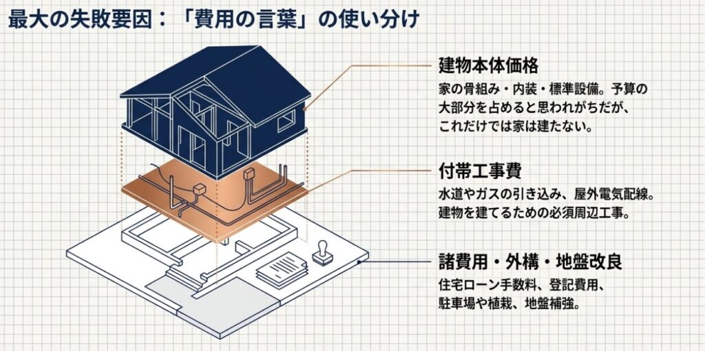 画像タイトル: 費用の言葉の使い分け
代替テキスト: 建物本体価格、付帯工事費、諸費用などの3層構造で家づくりの費用内訳を図解したイメージ