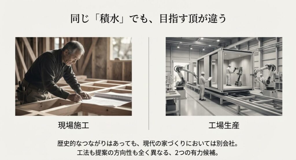 画像タイトル: 現場施工と工場生産の違い

代替テキスト (Alt): 大工が図面を引く現場施工の様子と、ロボットが稼働する工場生産の様子を対比させた画像