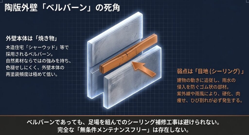 画像タイトル: 陶版外壁ベルバーンの注意点

代替テキスト: ベルバーンは外壁本体は高耐久だが、目地（シーリング）の補修は避けられないことを解説した図