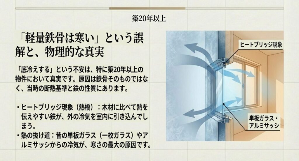 画像タイトル: 軽量鉄骨の寒さの原因とヒートブリッジ現象
代替テキスト: 築20年以上の鉄骨住宅が寒い原因として、熱を伝えやすい鉄のヒートブリッジ現象や単板ガラス・アルミサッシの影響を示す図解画像。