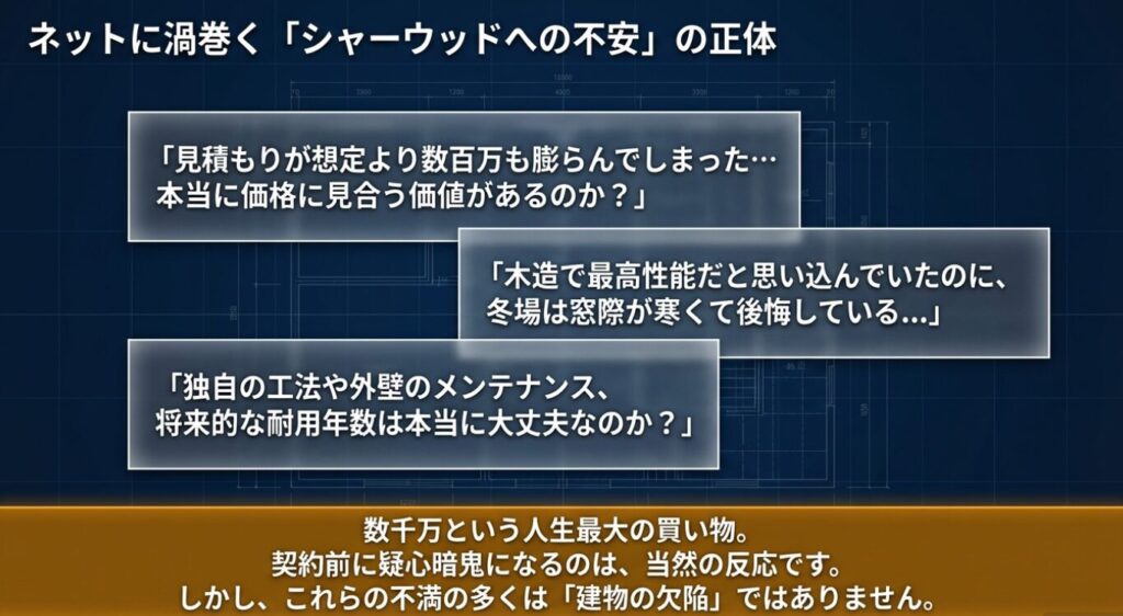 画像タイトル: ネットに渦巻く不安の正体
代替テキスト: 見積もりの膨張や冬場の寒さ、メンテナンスへの不安など、ネット上でよく見られる住宅への懸念事項