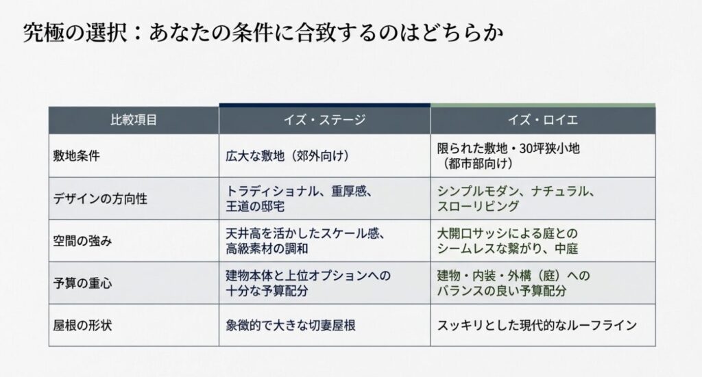 画像タイトル: 条件別比較表
代替テキスト: 敷地条件、デザイン、空間の強み、予算配分、屋根形状から見る両モデルの比較表