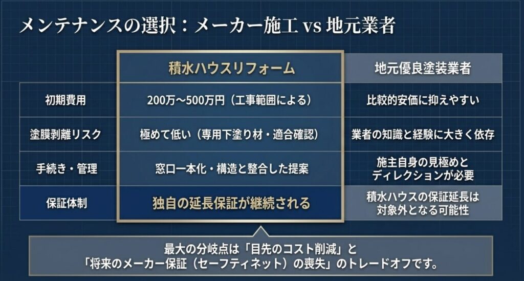 画像タイトル: メーカー施工と地元業者の比較

代替テキスト: 積水ハウスリフォームと地元優良塗装業者の初期費用、塗膜剥離リスク、手続き・管理、保証体制を比較し、目先のコスト削減とメーカー保証喪失のトレードオフを示す表