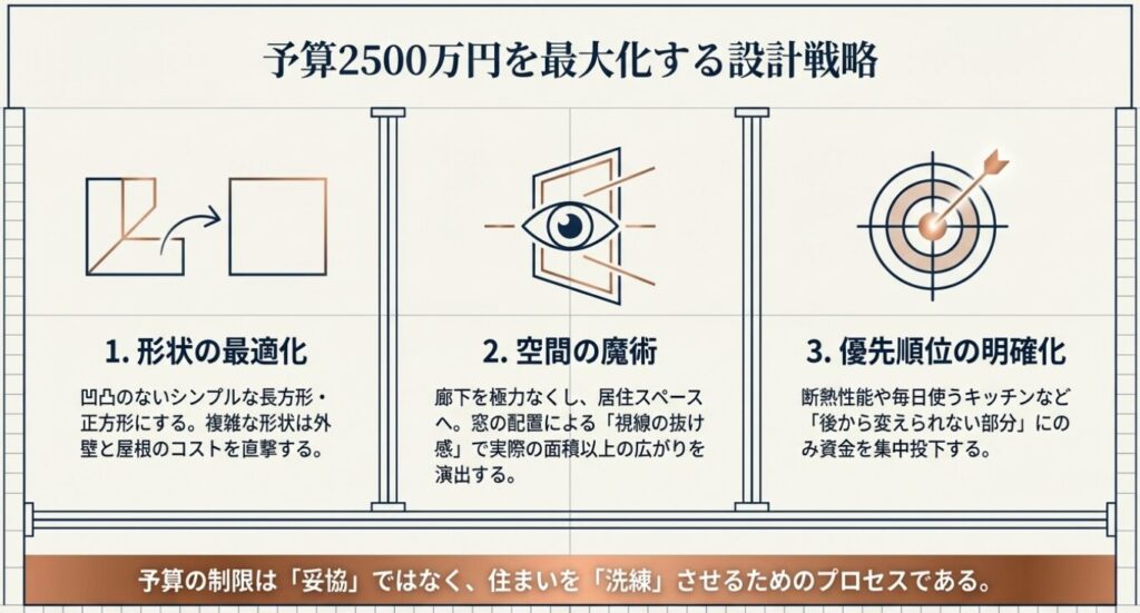 画像タイトル: 予算を最大化する設計戦略
代替テキスト: 形状の最適化、空間の魔術、優先順位の明確化という3つの設計戦略を示したターゲット図