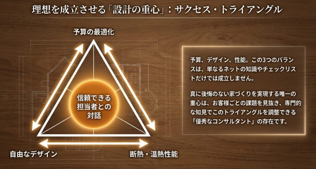 画像タイトル: 理想を成立させる設計の重心
代替テキスト: 予算の最適化、自由なデザイン、断熱・温熱性能の3つの要素を繋ぐ、信頼できる担当者との対話を示すサクセストライアングル
