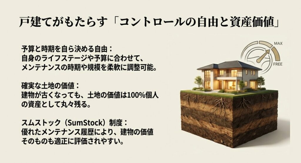 画像タイトル: 戸建てのコントロールの自由と資産価値
代替テキスト: 戸建てならではの予算や時期を決める自由と、建物の価値が下がっても確実に残る土地の資産価値を示す画像。