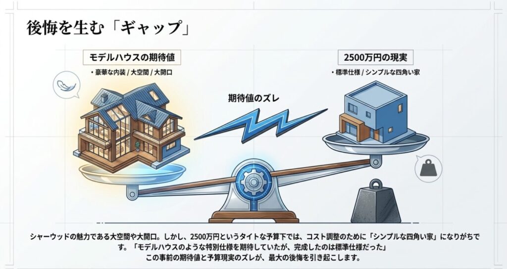 画像タイトル: 後悔を生む「ギャップ」 [cite: 97]
代替テキスト: モデルハウスの豪華な特別仕様への期待値と、2500万円の現実的な標準仕様との間にあるズレが後悔を引き起こすことを表した天秤のイラスト