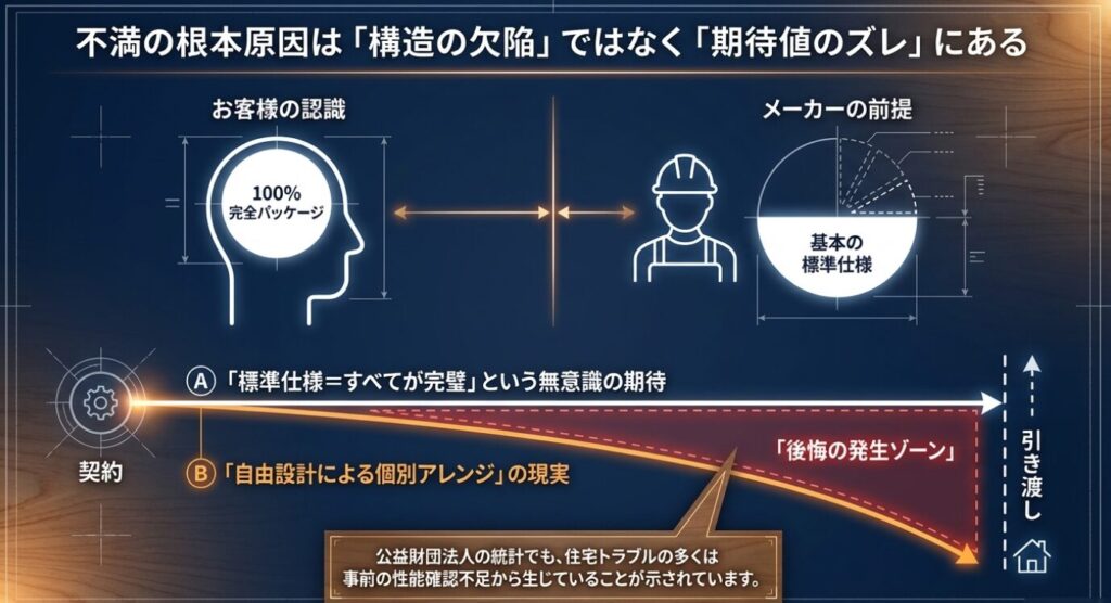 画像タイトル: 期待値と現実のズレによる後悔の発生ゾーン
代替テキスト: メーカーの標準仕様に対するお客様の完全パッケージという期待と、自由設計による個別アレンジの現実のギャップを示す図解