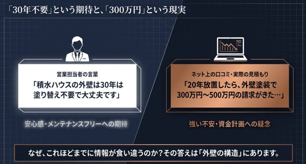 画像タイトル: メンテナンス費用の期待と現実

代替テキスト: 営業担当者の「30年不要」という言葉と、口コミの「20年放置で300万円の請求」というギャップを示す図