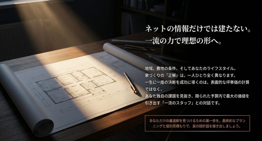 画像タイトル: 一流の力で理想の形へ
代替テキスト: ネットの情報だけでなくプロの力で理想の家づくりへ導くメッセージが書かれたスライド