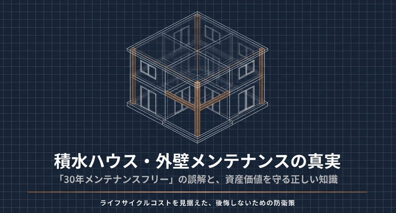 住宅の強靭な骨組みを表す3Dワイヤーフレームのイラスト 。画像内には「積水ハウス・外壁メンテナンスの真実」 、「『30年メンテナンスフリー』の誤解と、資産価値を守る正しい知識」 、「ライフサイクルコストを見据えた、後悔しないための防衛策」というタイトルとキャッチコピーが配置されています 。