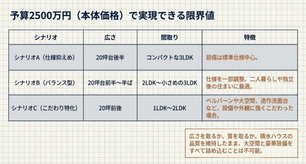 画像タイトル: 広さと間取りの限界値
代替テキスト: 予算2500万円における仕様抑えめ、バランス型、こだわり特化の3つのシナリオを比較した表