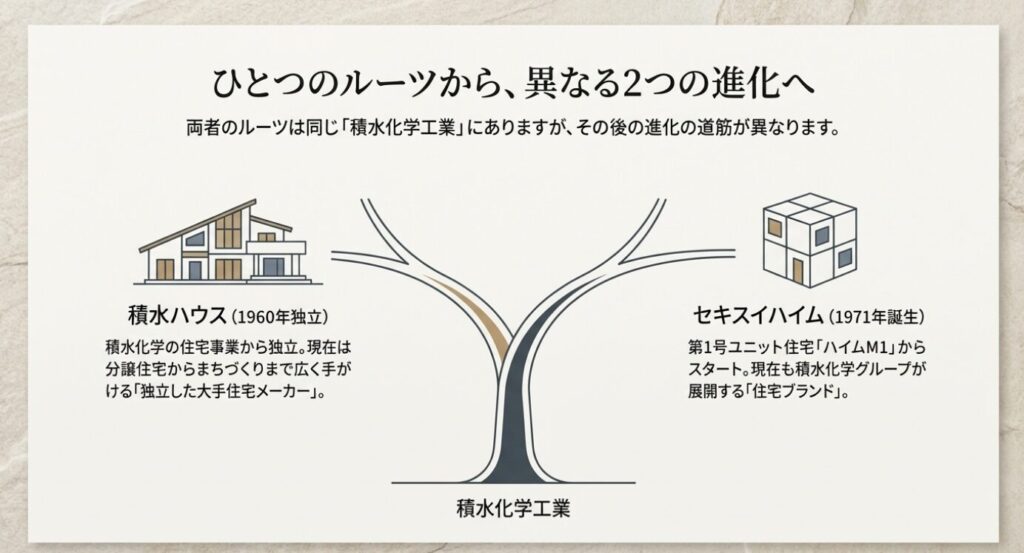 画像タイトル: ひとつのルーツから異なる進化へ

代替テキスト (Alt): 4つのブロックで構成された家のイラスト。同じルーツから異なる進化を遂げた2社の歴史を示す図解