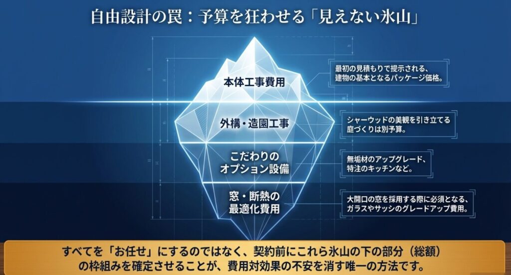 画像タイトル: 予算を狂わせる見えない氷山
代替テキスト: 本体工事費用の下にある、外構工事やオプション設備、断熱最適化費用などの隠れたコストを示す氷山のイラスト