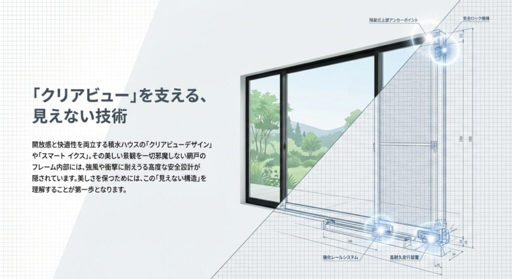 画像タイトル: クリアビューを支える見えない技術
代替テキスト: 開放感と快適性を両立する網戸のフレーム内部に隠された、強化レールやアンカーポイントなどの見えない安全設計の図解 [cite: 59, 60, 62, 64]
