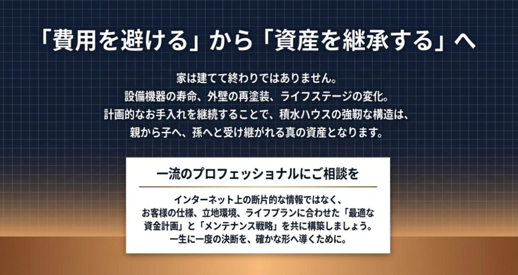 画像タイトル: 費用から資産継承へ

代替テキスト: 計画的なお手入れで家を真の資産として受け継ぐためのメッセージと、プロへの相談を促すスライド