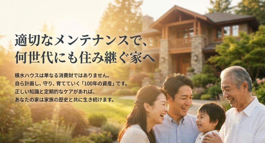 画像タイトル: 何世代にも住み継ぐ家へ
代替テキスト: 適切なメンテナンスによって、家が何世代にも住み継がれ、家族の歴史と共に生き続ける資産になることを伝える画像。