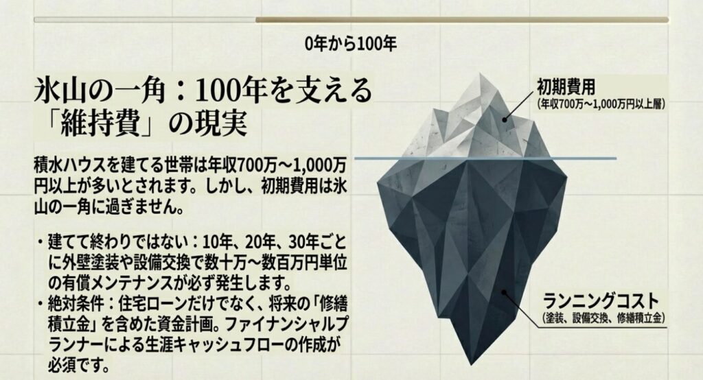 画像タイトル: 100年を支える維持費の現実
代替テキスト: 住宅購入における初期費用は氷山の一角であり、家を維持するためには外壁塗装や設備交換などのランニングコストが不可欠であることを示す画像。
