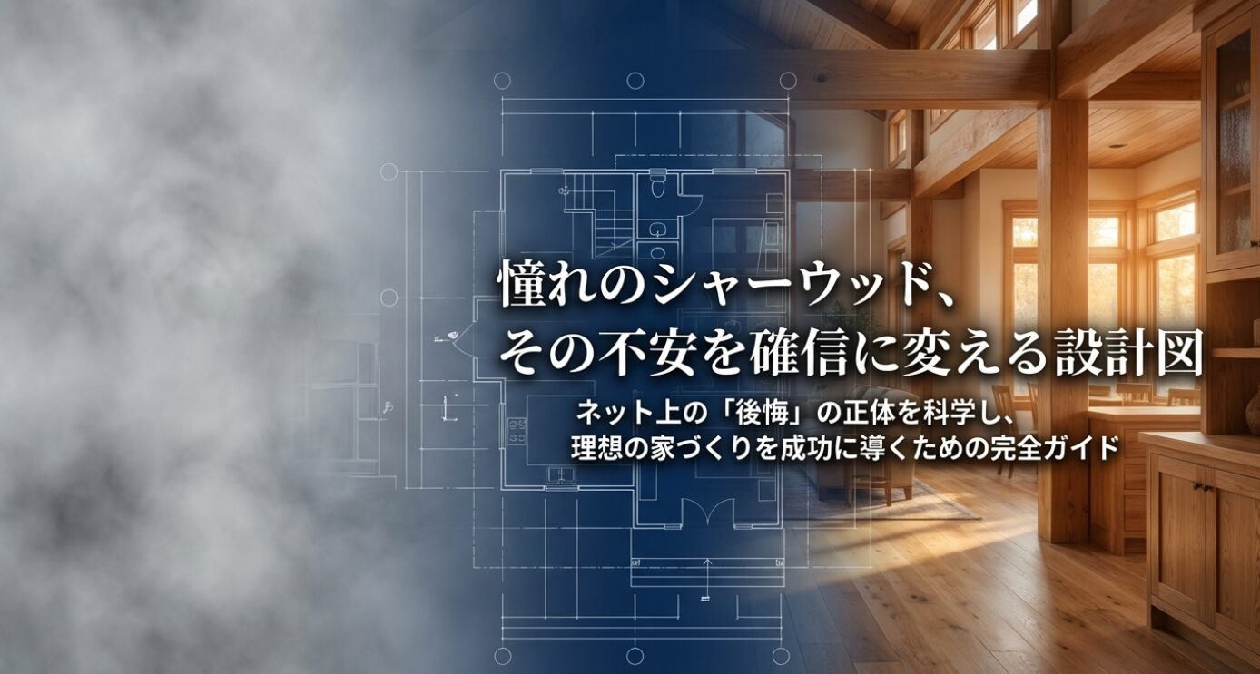 憧れの積水ハウス「シャーウッド」での家づくりに対する不安を確信に変える設計図。「ネット上の『後悔』の正体を科学し、理想の家づくりを成功に導くための完全ガイド 」というキャッチコピーが記載された、プレミアムな住宅建築ガイドの表紙スライド画像