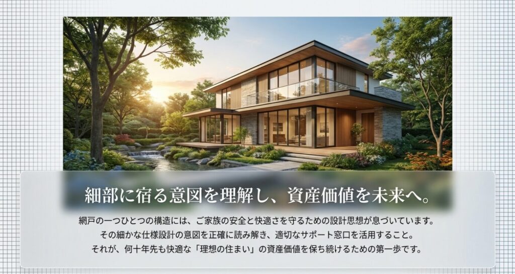 画像タイトル: 資産価値を未来へ
代替テキスト: 細かな仕様設計の意図を理解し適切なサポートを活用することが、理想の住まいの資産価値を保つ第一歩であるというメッセージと美しい住宅の外観
