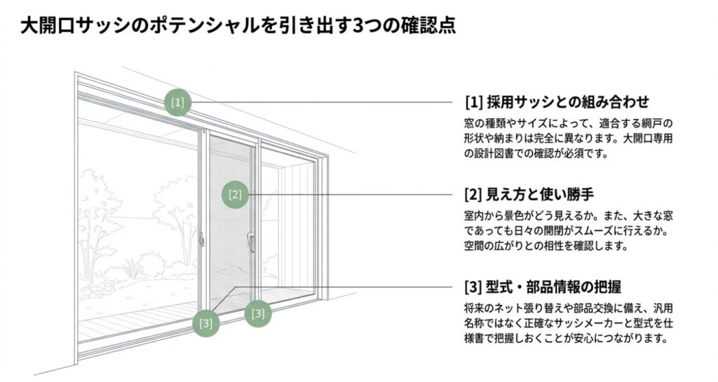 画像タイトル: 網戸仕様の3つの確認点
代替テキスト: 採用サッシとの組み合わせ、見え方と使い勝手、型式・部品情報の把握という3つの確認ポイント