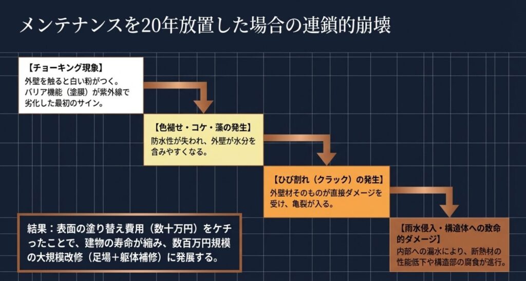 画像タイトル: メンテナンスを放置した結果

代替テキスト: チョーキングから始まり、色褪せ、ひび割れ、最終的に雨水侵入と構造体ダメージへ繋がる連鎖的崩壊の図
