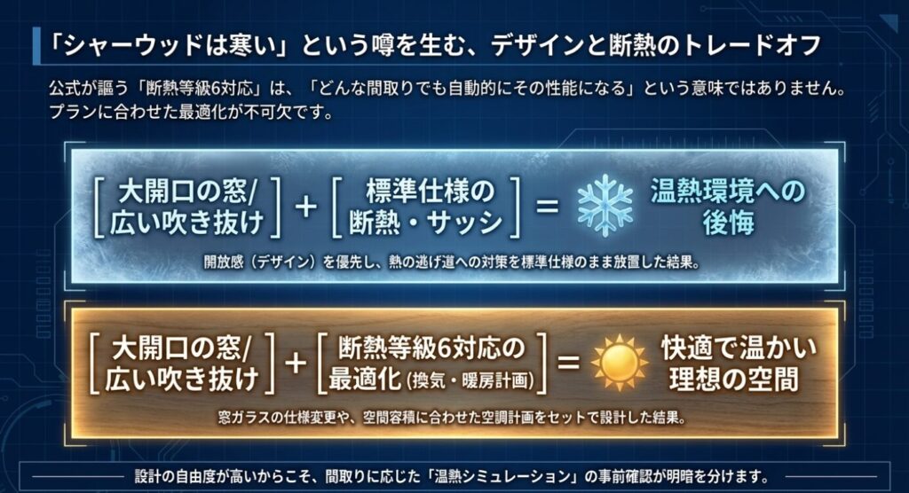 画像タイトル: デザインと断熱のトレードオフ
代替テキスト: 大開口の窓と標準仕様の組み合わせによる熱の逃げ道と、断熱最適化による快適な空間の違いを説明した図