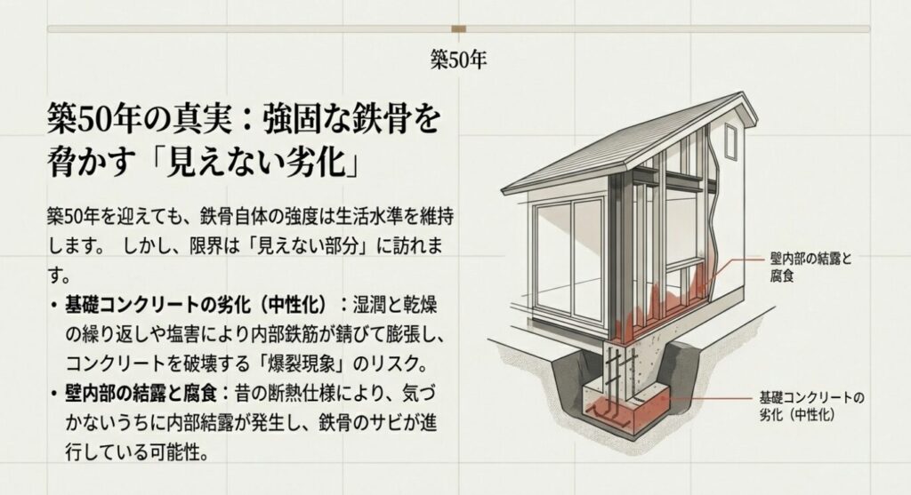 画像タイトル: 築50年の見えない劣化リスク
代替テキスト: 築50年を迎えた住宅における、基礎コンクリートの中性化や壁内部の結露・腐食といった、見えない部分の深刻な劣化リスクを示す画像。
