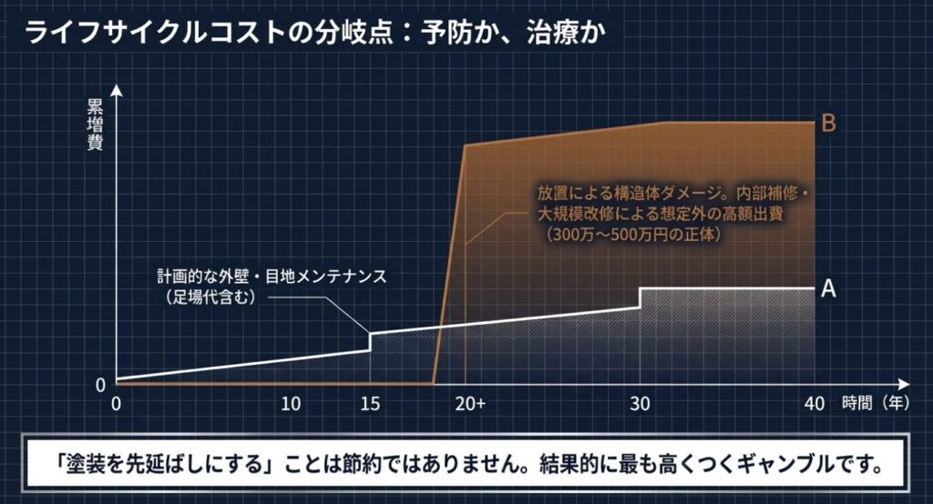 画像タイトル: メンテナンスのライフサイクルコスト

代替テキスト: 計画的なメンテナンス費用と、放置したことによる高額な大規模改修費用の累積額を比較したグラフ