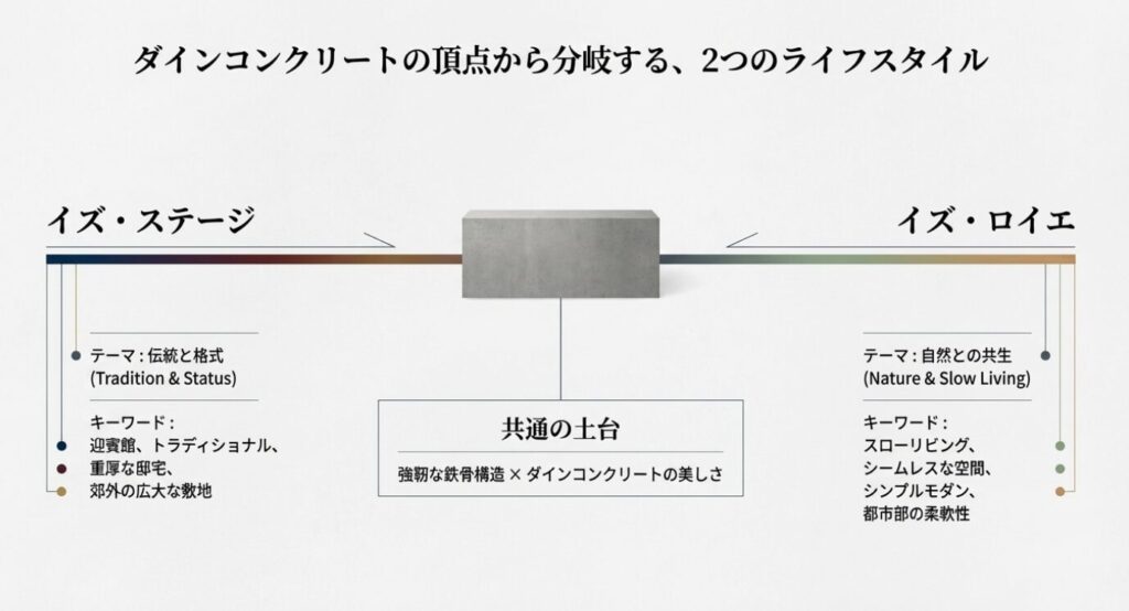 画像タイトル: 2つのライフスタイルテーマ
代替テキスト: 伝統と格式の邸宅スタイルと、自然と共生するスローリビングのテーマ比較