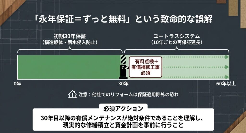 画像タイトル: 永年保証と有償メンテナンスの仕組み
代替テキスト: 初期30年保証の終了後、有償点検と補修工事を条件に延長される保証制度のタイムライン図