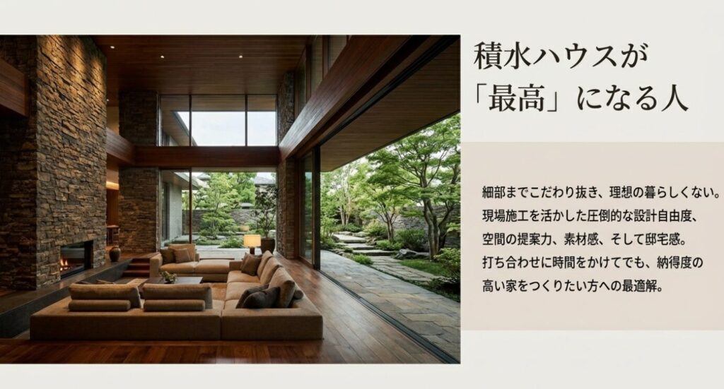 画像タイトル: 細部と空間提案にこだわる人に最適

代替テキスト (Alt): 大きな窓から庭園が見える高級感のある重厚なリビング。細部までこだわり抜きたい人に最適であることを示すイメージ