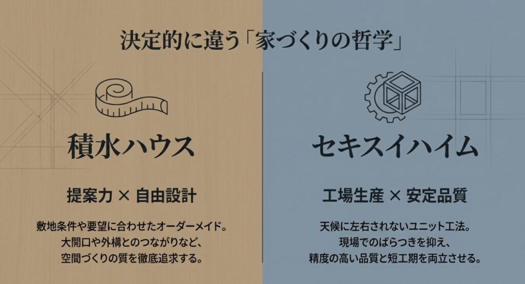 画像タイトル: 家づくりの哲学の違い

代替テキスト (Alt): メジャーと歯車・キューブのアイコン。自由設計と工場生産による品質安定という、家づくりの哲学の違いを示す図解