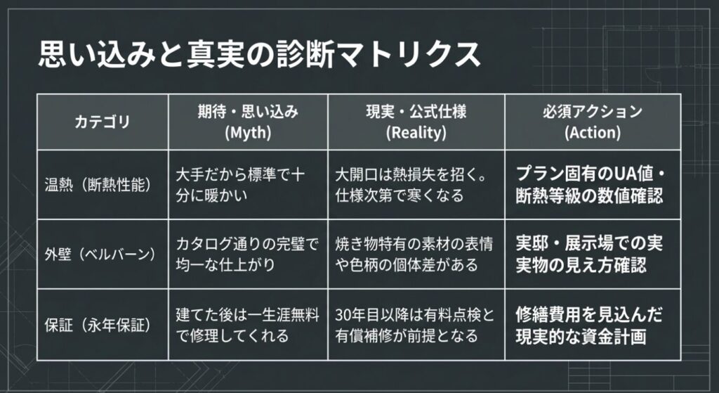 画像タイトル: 思い込みと真実の診断マトリクス
代替テキスト: 温熱性能、外壁、保証に関する期待と現実のギャップ、および契約前に取るべき必須アクションをまとめたマトリクス表