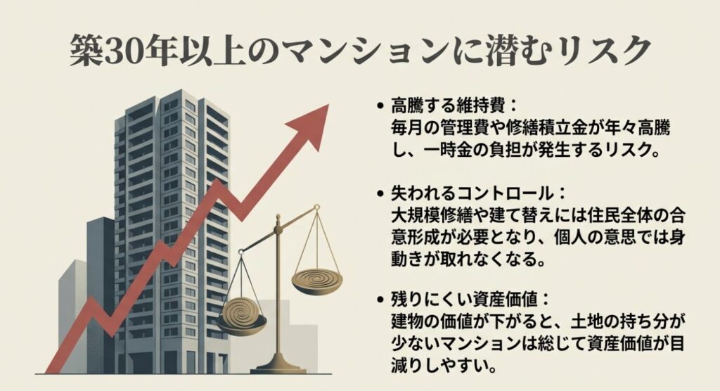 画像タイトル: 築30年以上のマンションのリスク
代替テキスト: 築30年以上のマンションにおける、高騰する維持費や合意形成の難しさ、目減りしやすい資産価値などのリスクを示す画像。