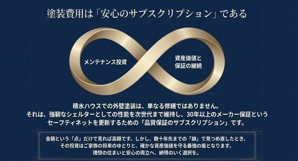 画像タイトル: 安心のサブスクリプション

代替テキスト: 塗装費用は単なる修繕ではなく、資産価値と保証の継続のための「安心のサブスクリプション」であるというメッセージスライド