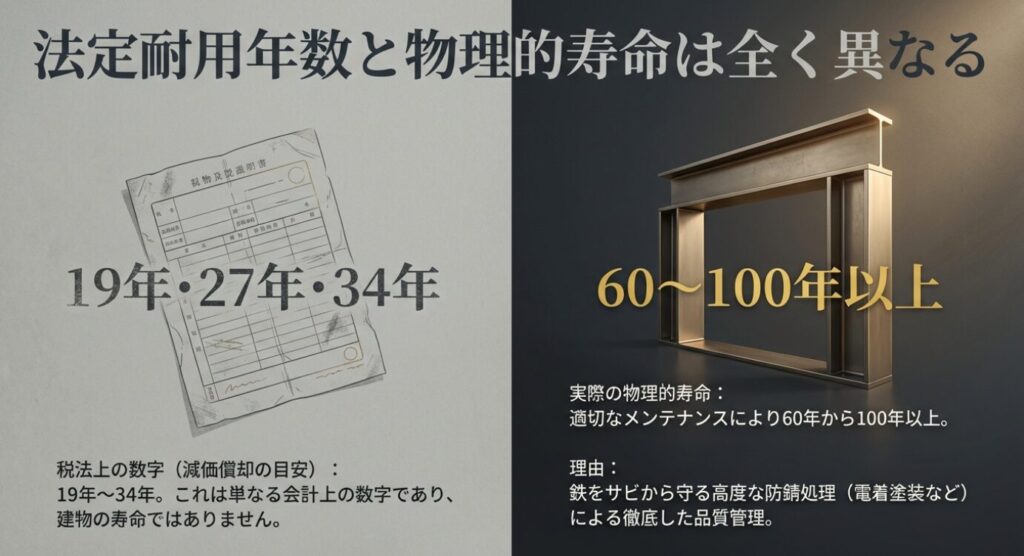 画像タイトル: 物理的寿命は60年から100年以上
代替テキスト: 法定耐用年数とは異なり、適切なメンテナンスによる実際の物理的寿命は60年から100年以上であることを示す画像。
