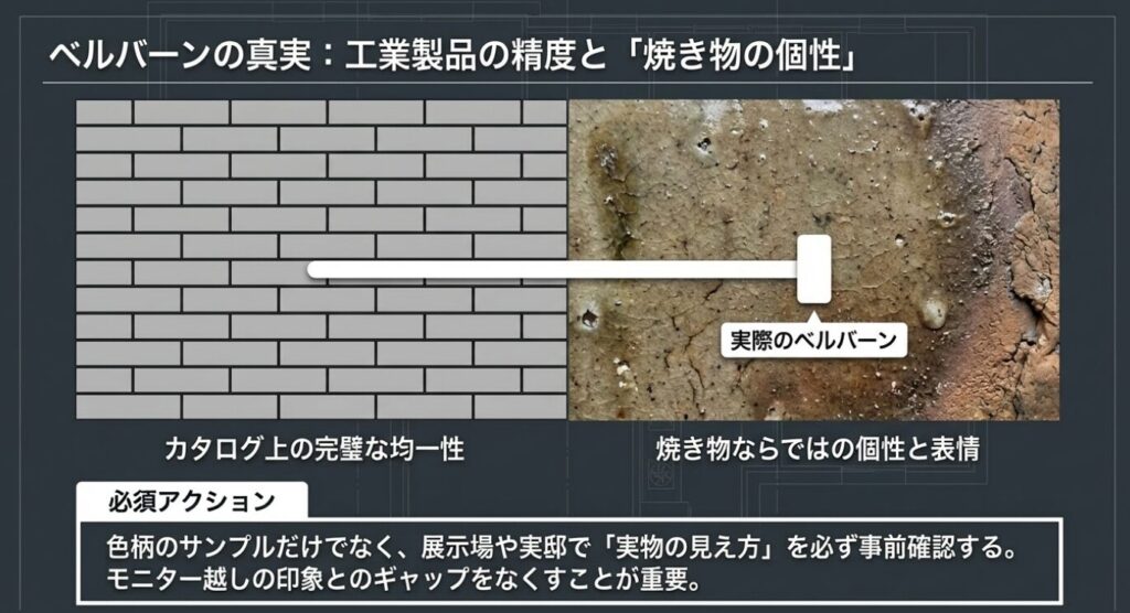 画像タイトル: 工業製品の精度と焼き物の個性
代替テキスト: 外壁材におけるカタログ上の均一性と、実際の焼き物ならではの表情や個性のギャップを示す図解