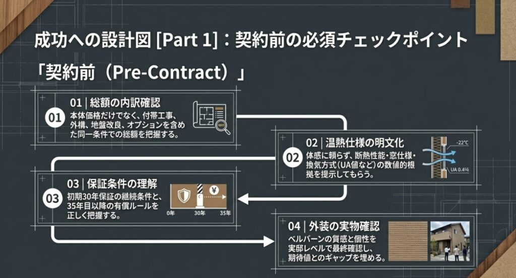 画像タイトル: 契約前の必須チェックポイント
代替テキスト: 総額の内訳確認、温熱仕様の明文化、保証条件の理解、外装の実物確認という契約前の4つの必須アクション